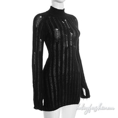 Long sleeve high neck hollow out solid mini dress