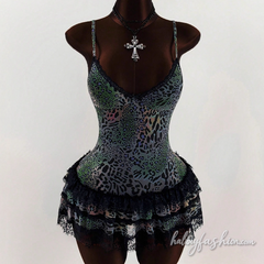 Leopard print lace hem v neck cami mini dress