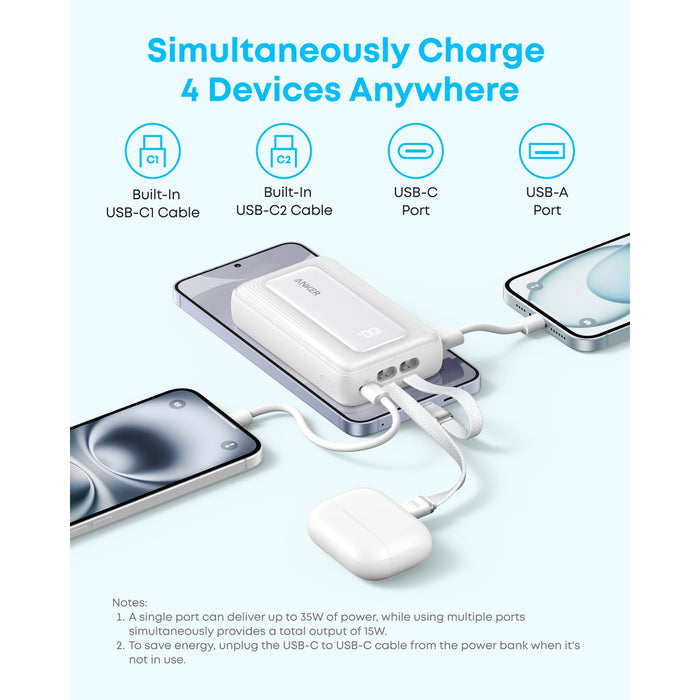 Anker Zolo Power Bank 10000mAh 35W With Dual Built-In USB-C Cables - White (A110LH22)