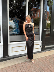 Celeste Black Satin Bow Maxi Dress