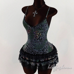 Leopard print lace hem v neck cami mini dress