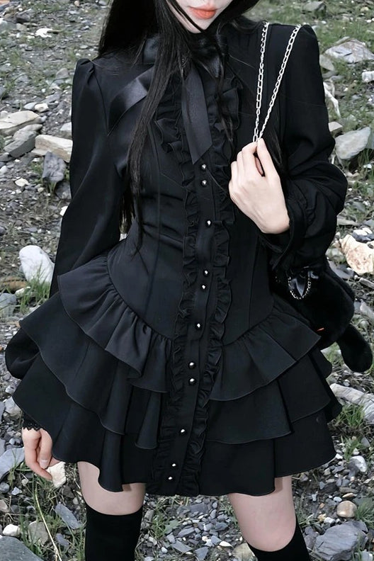 Black Gothic Lace O Neck Long Sleeve Slim Lolita Mini Dress