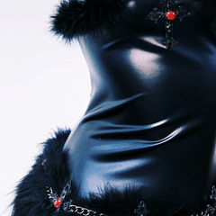 Fluffy high neck PU leather metal chain mini dress  | Festival Outfits Women