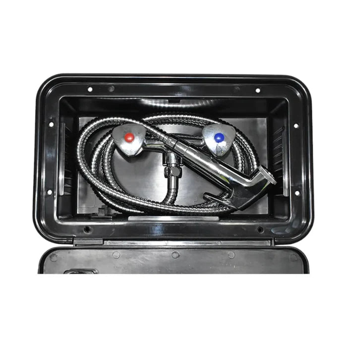 watermarked external shower box in black for caravans and rvs