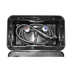 watermarked external shower box in black for caravans and rvs