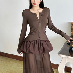Long sleeve button round neck ruched mini dress  | Festival Outfits Women