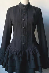 Dark Lace Patchwork Button Front Ruffle Mini Dress