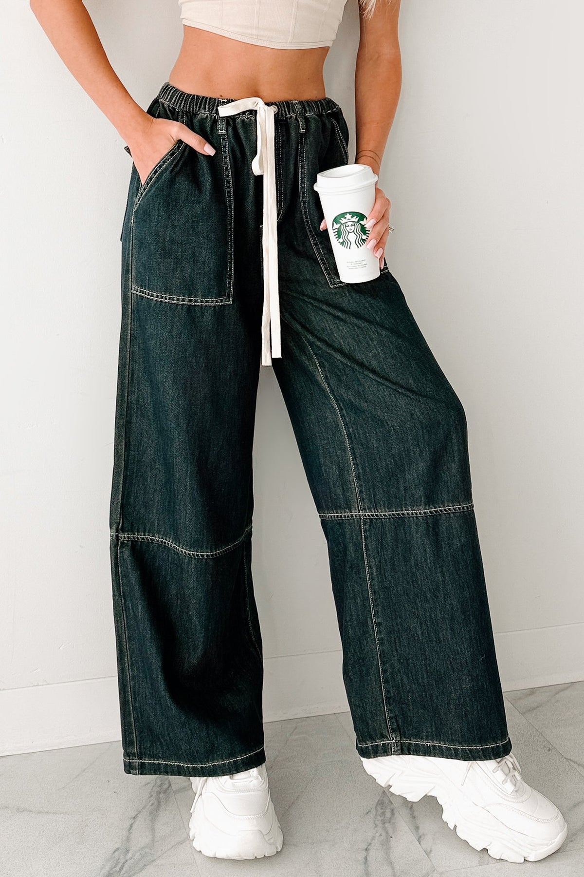 Chill Energy Wide Leg Drawstring Pants (Grey Denim)