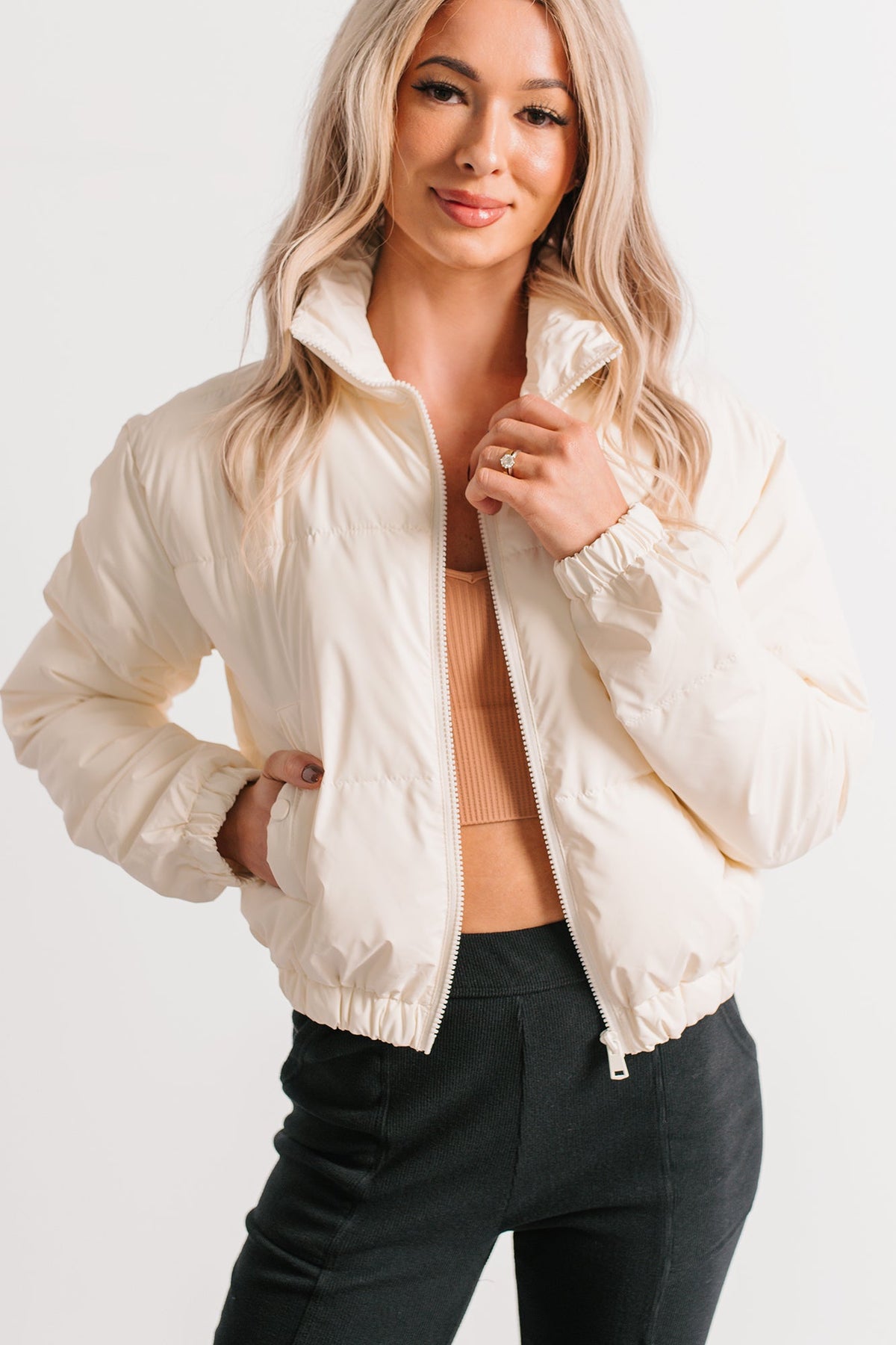 Night Shift Mock Turtleneck Zip-Up Puffer Jacket (Off-White)