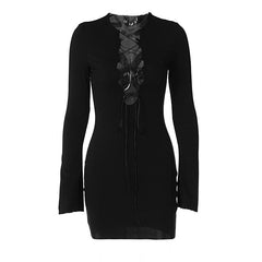 Lace up solid long sleeve ribbed self tie mini dress  | Festival Outfits Women