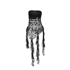 Lace cross applique irregular tube mini dress  | Festival Outfits Women