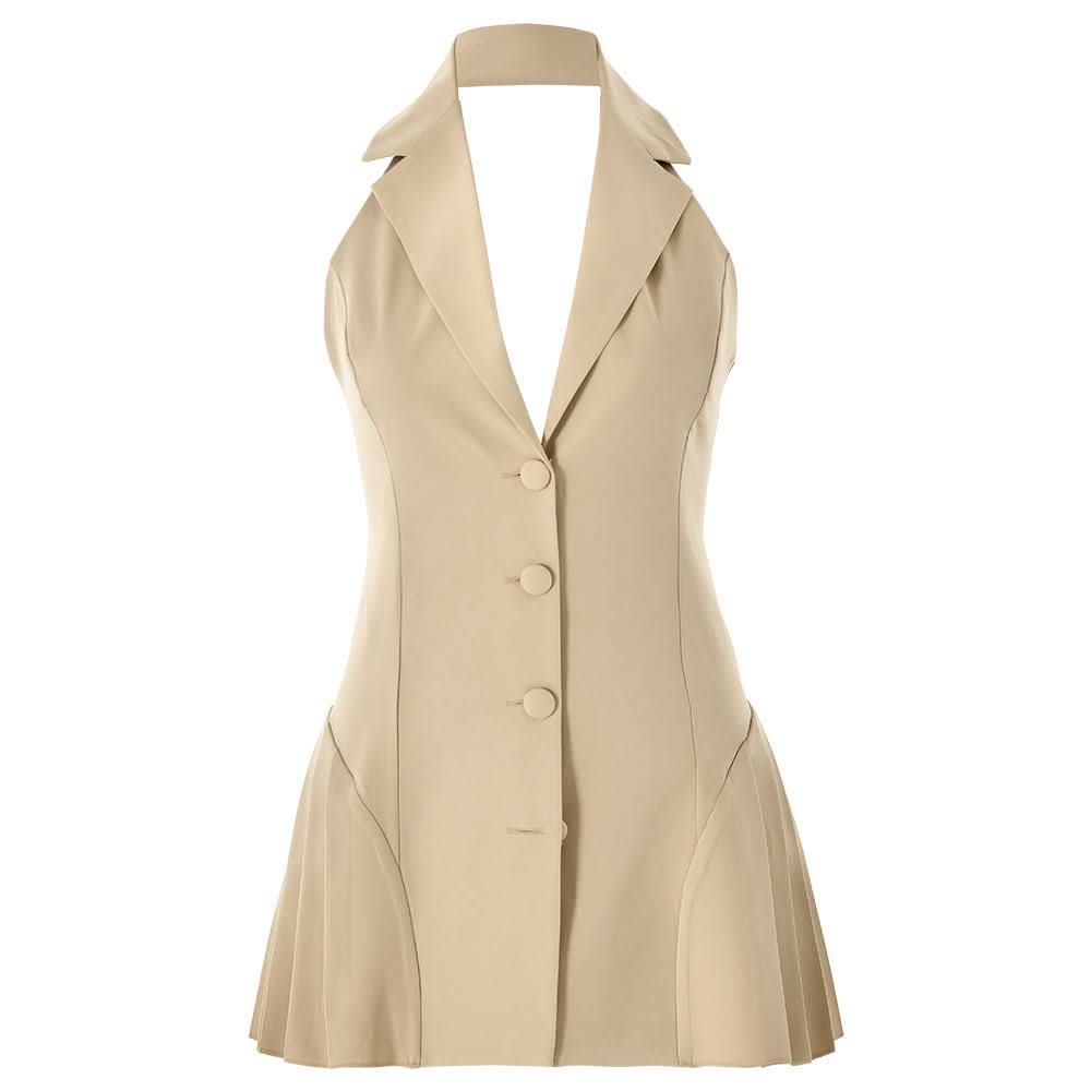 Halter deep V neck button pleated backless mini dress  | Festival Outfits Women