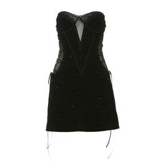 Sweetheart neck velvet lace up mesh beaded mini dress  | Festival Outfits Women
