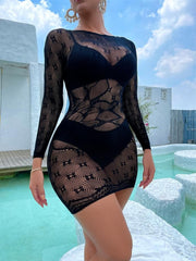 Long sleeve crewneck fishnet pattern mini dress  | Festival Outfits Women
