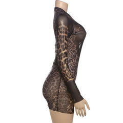 Crewneck long sleeve leopard print mesh mini dress  | Festival Outfits Women  | Leopard Print Mini Dress