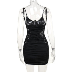 V neck lace ruched backless cami mini dress  | Festival Outfits Women