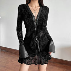 Long sleeve v neck self tie ripple button mini dress  | Festival Outfits Women
