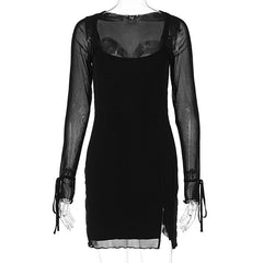 Long sleeve slit mesh square neck mini dress  | Festival Outfits Women