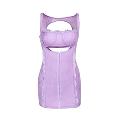 Square neck lace backless hollow out button solid cami cut out mini dress  | Festival Outfits Women