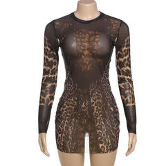 Crewneck long sleeve leopard print mesh mini dress  | Festival Outfits Women  | Leopard Print Mini Dress