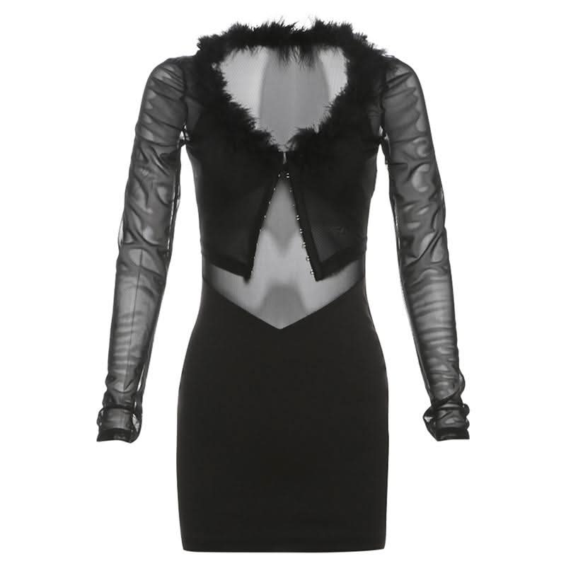Feather v neck mesh long sleeve button mini dress  | Festival Outfits Women