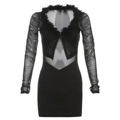 Feather v neck mesh long sleeve button mini dress  | Festival Outfits Women