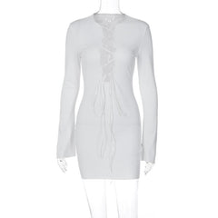 Lace up solid long sleeve ribbed self tie mini dress  | Festival Outfits Women