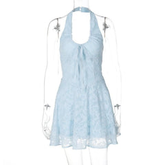 Halter textured knotted ruched button mini dress  | Festival Outfits Women