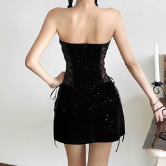Sweetheart neck velvet lace up mesh beaded mini dress  | Festival Outfits Women