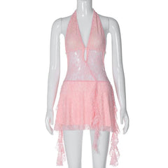 Halter v neck backless lace self tie hollow out cut out mini dress