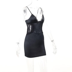 Lace patchwork corset solid v neck cami mini dress  | Festival Outfits Women