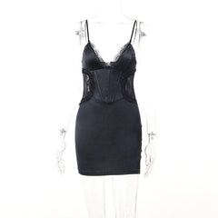 Lace patchwork corset solid v neck cami mini dress  | Festival Outfits Women