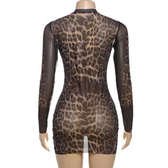 Crewneck long sleeve leopard print mesh mini dress  | Festival Outfits Women  | Leopard Print Mini Dress