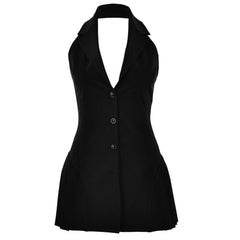 Halter deep V neck button pleated backless mini dress  | Festival Outfits Women