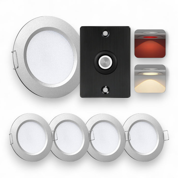 silver warm white downlight kit shown as four-piece set