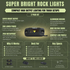 Super bright mounted rock lights 2x for caravan, campervan, RV, marine, and off grid applications